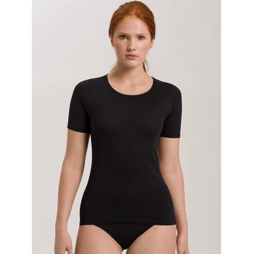 NWOT Hanro Cotton Seamless Fitted Short Sleeve Shirt Women M Black Lounge